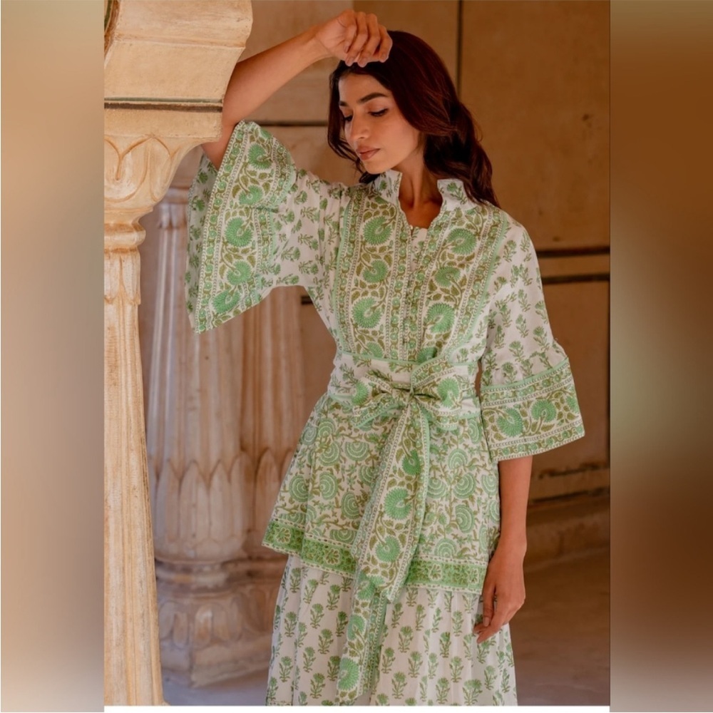 Sue Sartor Ibiza Triple Tier Hostess Maxi Dress Basil/Cardamom Size Large - Picture 2 of 12
